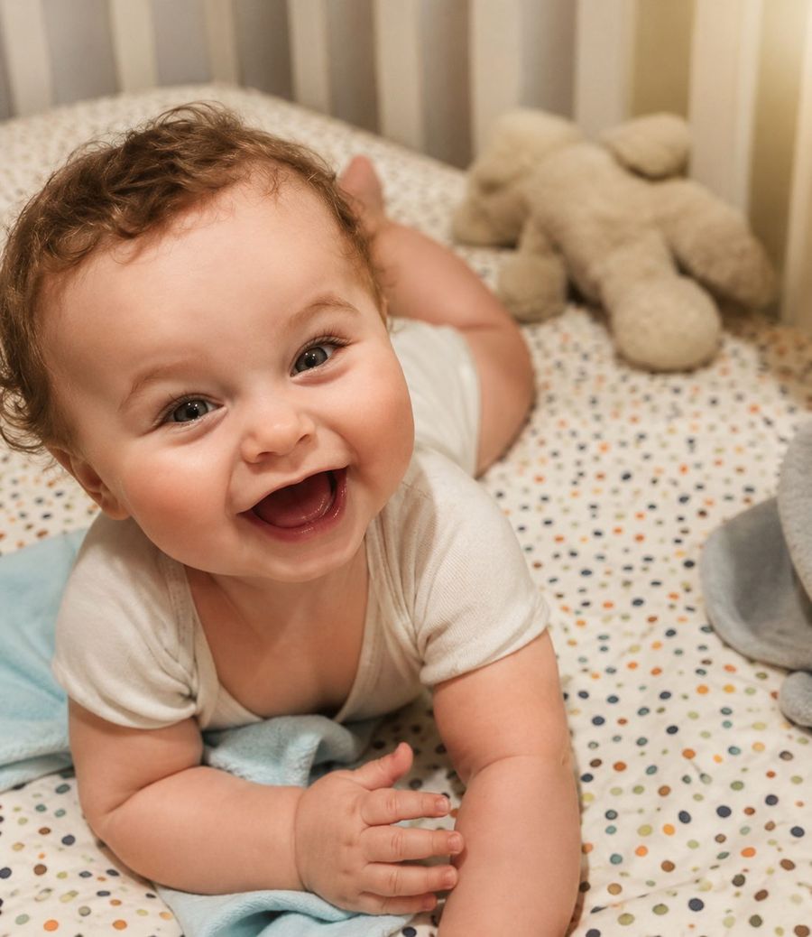 Preston Davey as a baby, smiling in his cot beside a teddy bear.