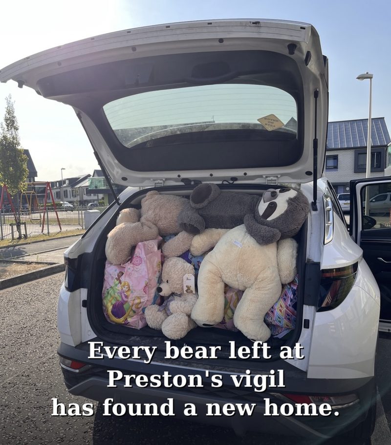 A car boot full of teddy bears and gift bags left at Preston's vigil.