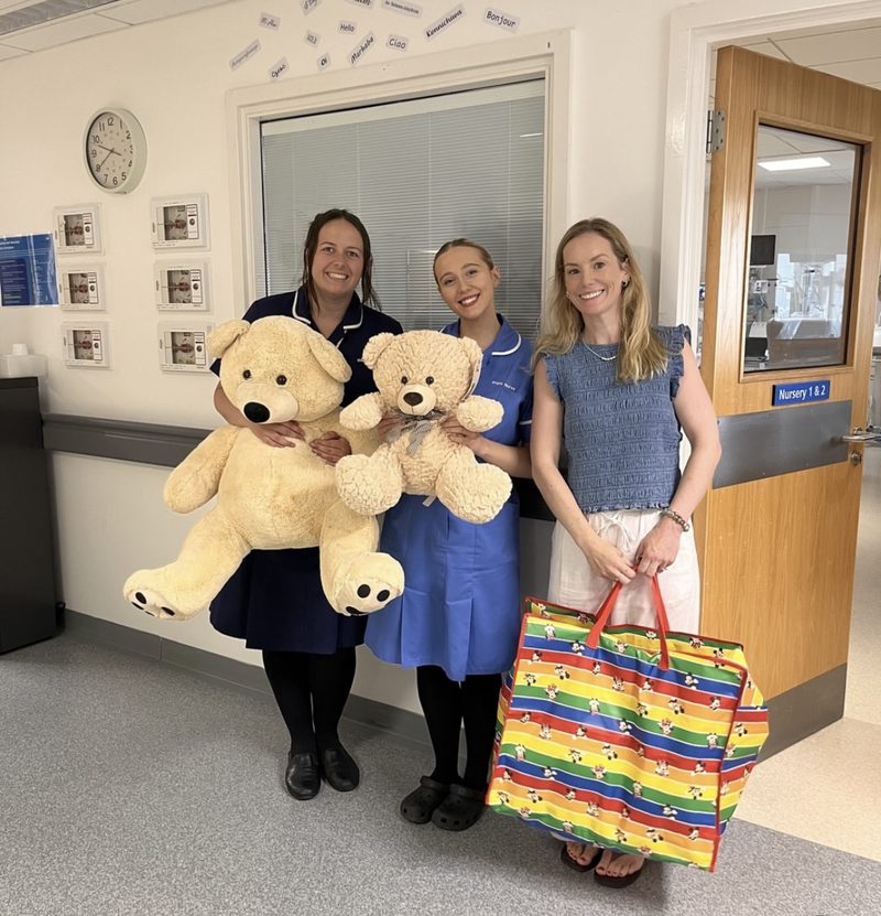 Kate with two neonatal nurses holding teddy bears at NICU Blackpool.