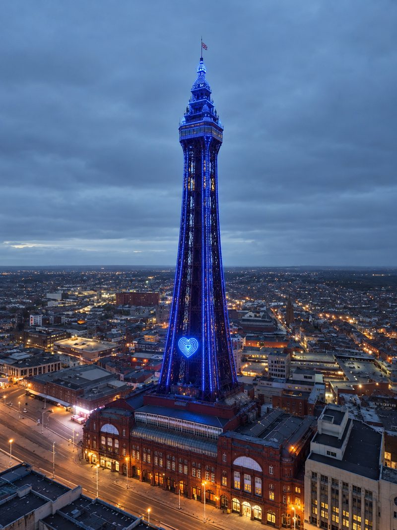 Blackpool Tower lit up blue at dusk, with a glowing blue heart on the tower, for Preston's vigil.